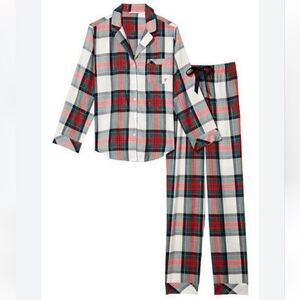 Victorias Secret Pajama Set White and Green Shine Plaid Longsleeve Pants M